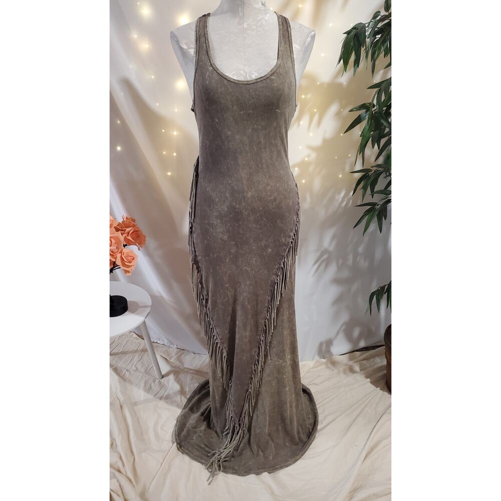 Vintage Tie Dye Boho Fringe Sleeveless Bodycon Maxi Dress Womens Size S Hippie